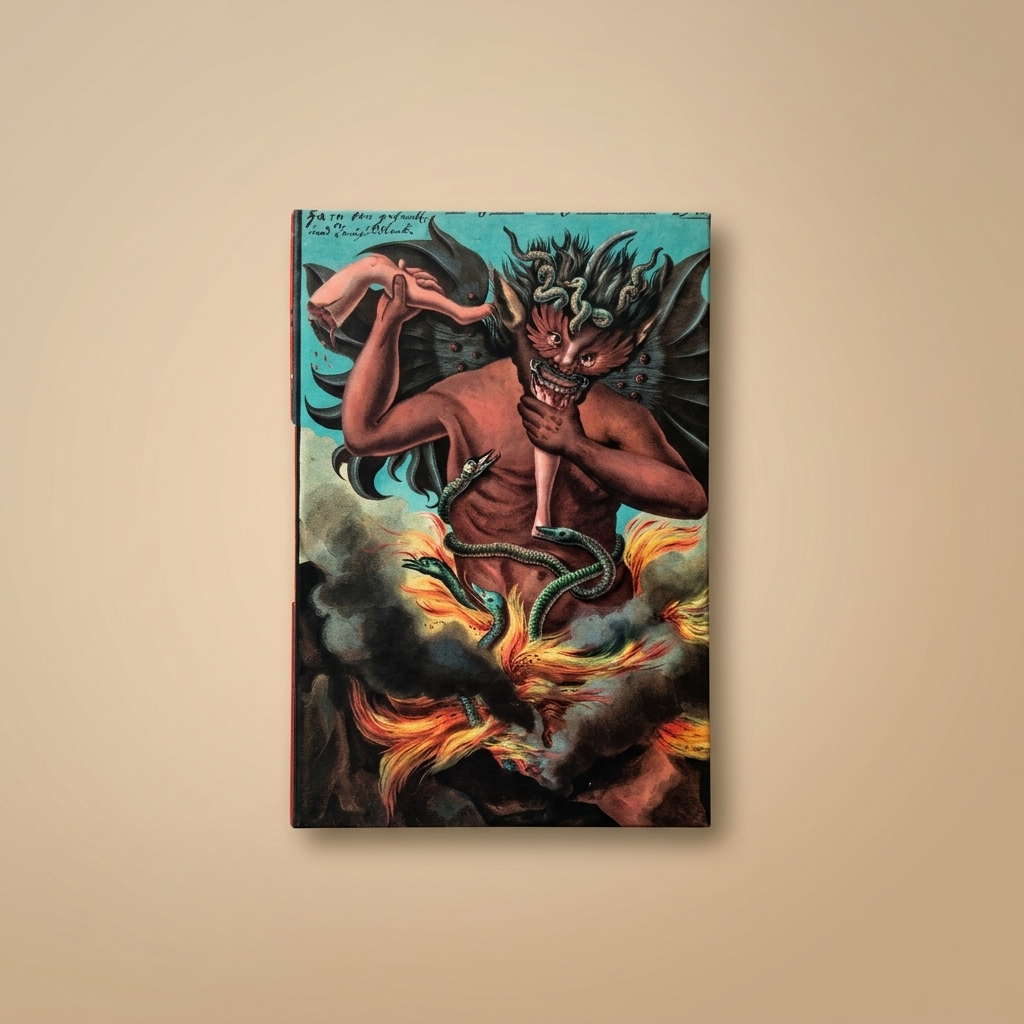 Libreta Demonio con costura ojal y pasta dura con un demonio alado entre llamas