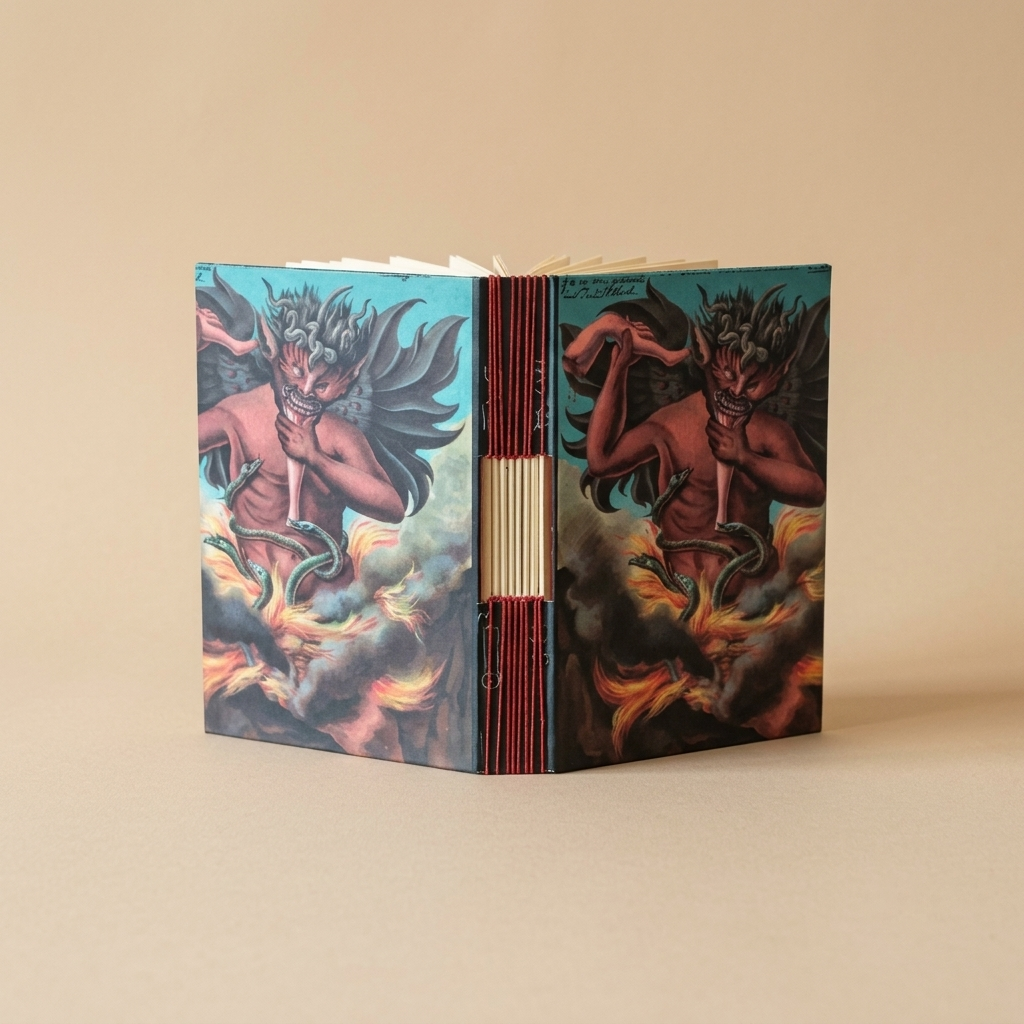 Libreta Demonio abierta, con la costura ojal a la vista en el lomo